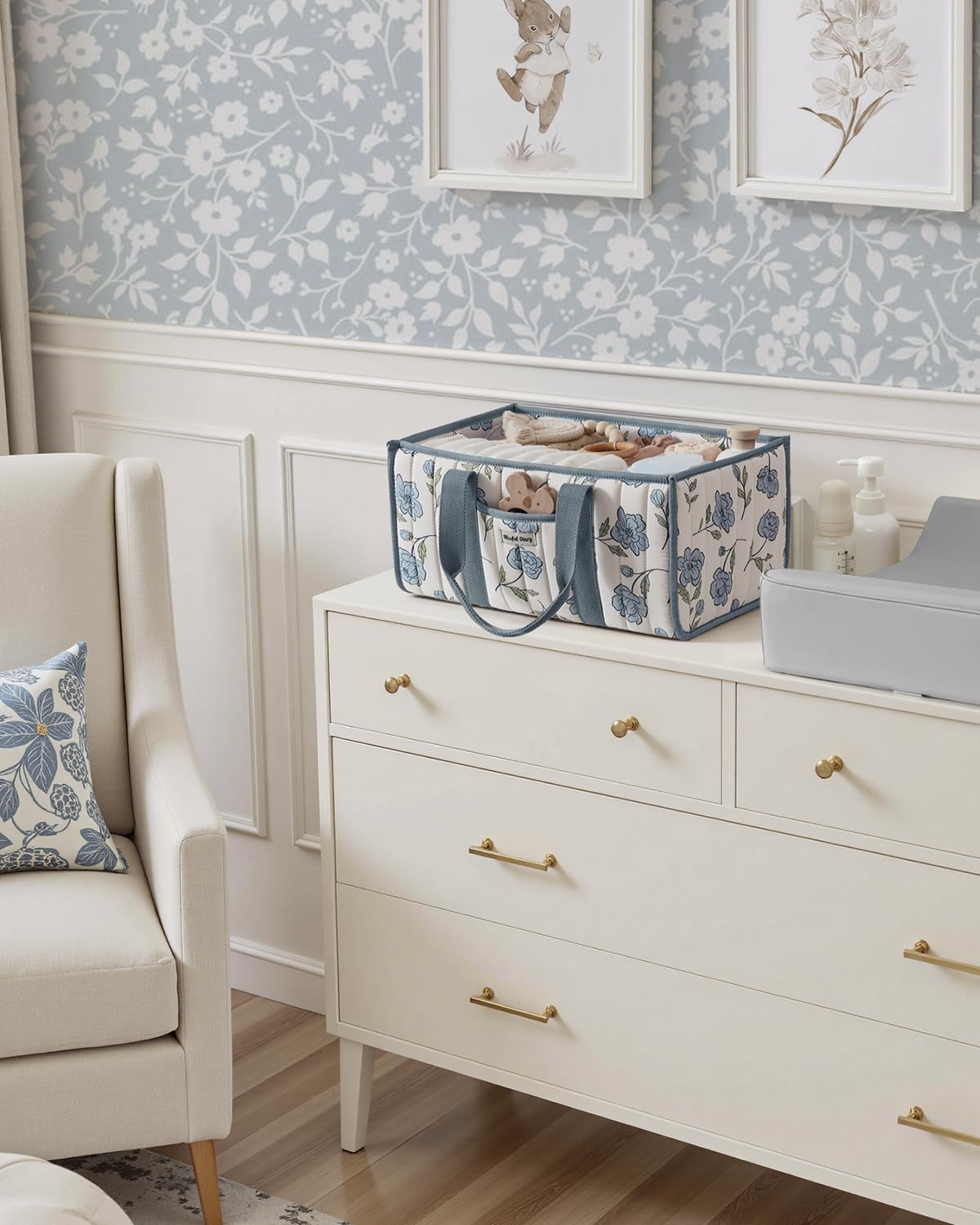 Blissful Diary Floral Diaper Caddy Organizer, Peony Blue