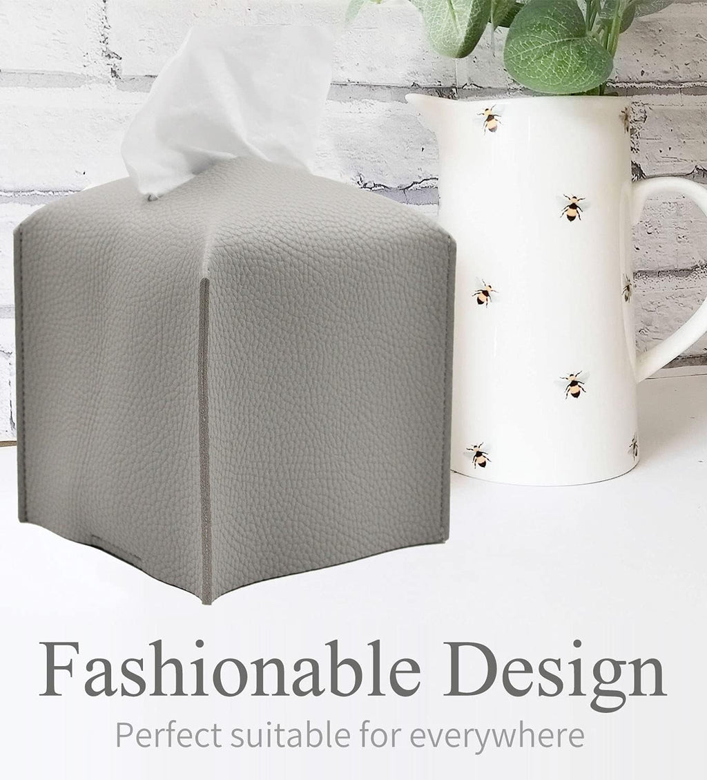 Livelab Tissue Box Cover Holder, Square Modern Decoration PU Leather Facial Tissues Case Roll Paper Dispenser for Bathroom Vanity Countertop, Night Stands, Office Desk Car 5X5X5'' | Pastel Grey
