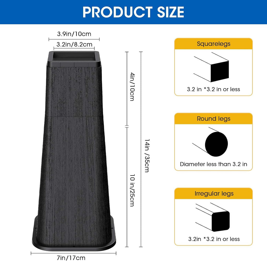 MYMULIKE Bed Risers 14 Inch Heavy Duty, Stackable Furniture Risers Lifts 10inch 4inch, 14inch for Table, Desk Leg, Sofa, Couch, Supports Up to 6,000 Lbs, Black, 4 Pack