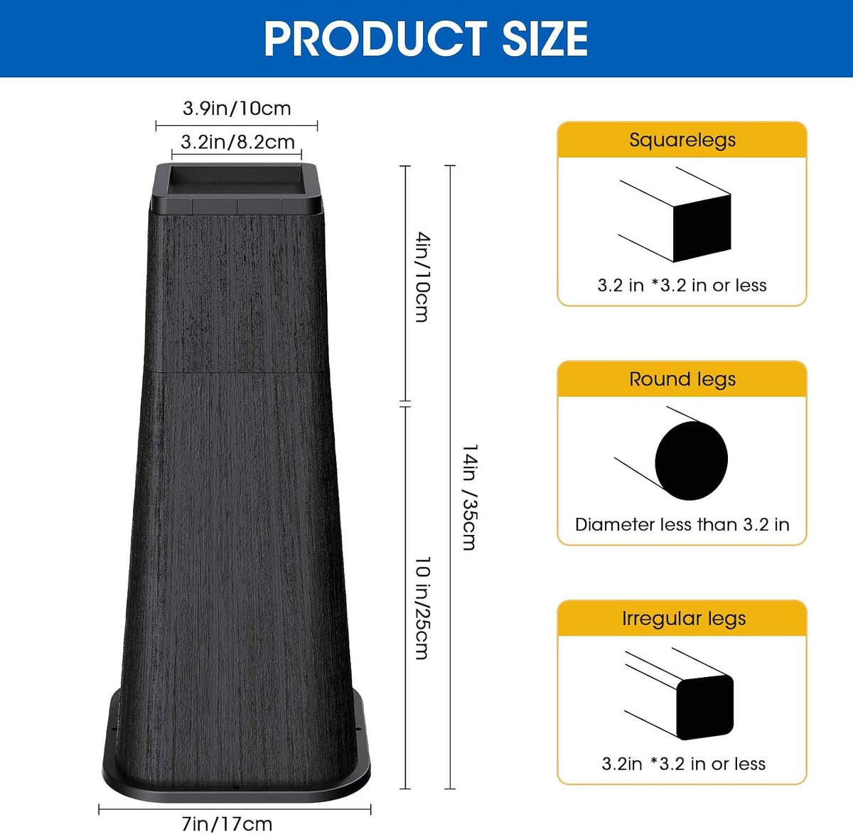 MYMULIKE Bed Risers 14 Inch Heavy Duty, Stackable Furniture Risers Lifts 10inch 4inch, 14inch for Table, Desk Leg, Sofa, Couch, Supports Up to 6,000 Lbs, Black, 4 Pack