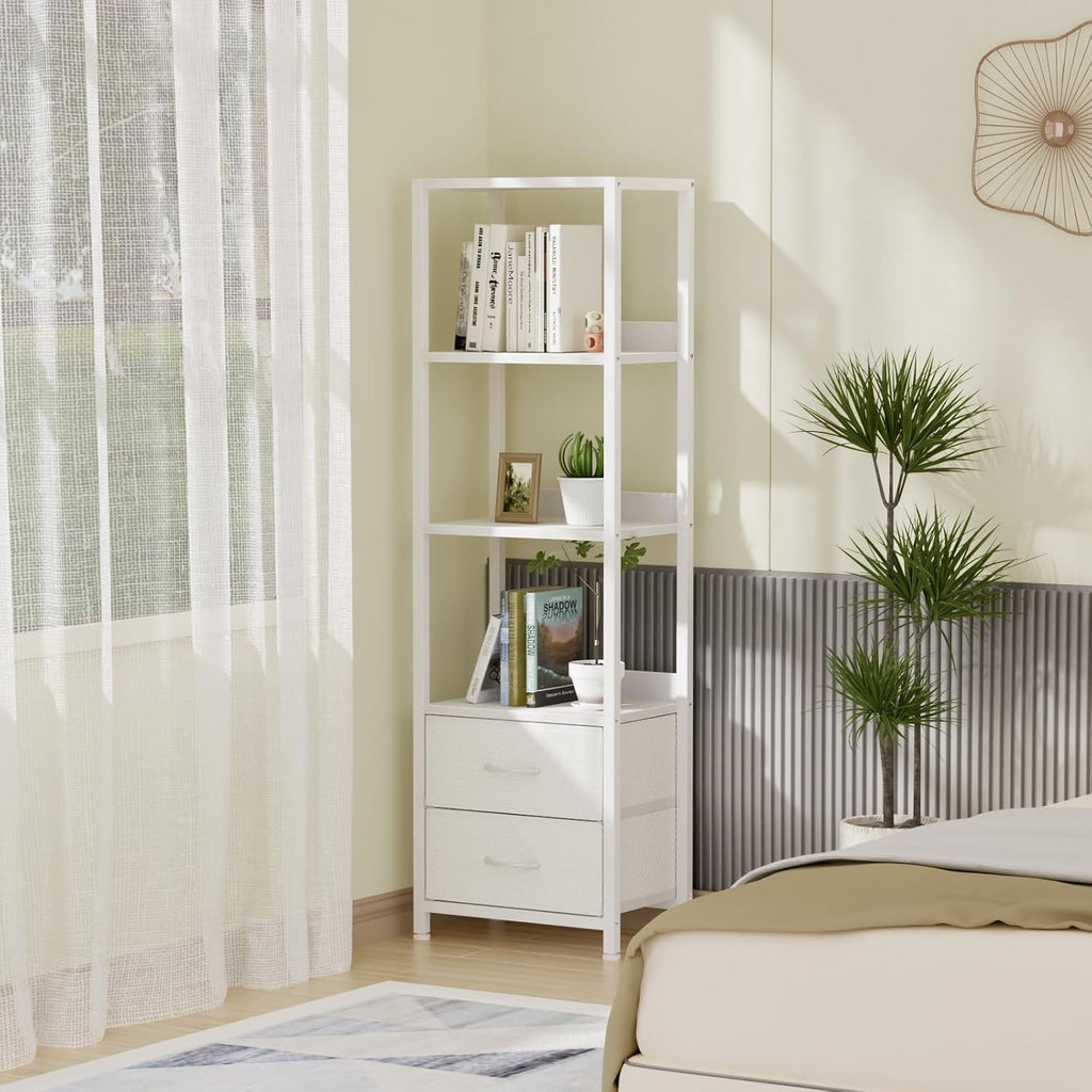 Furnulem 4-Tier Corner Shelf,White Narrow Bookshelf with 2 Storage Drawers