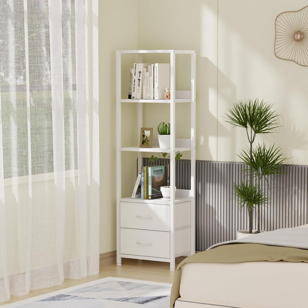 Furnulem 4-Tier Corner Shelf,White Narrow Bookshelf with 2 Storage Drawers