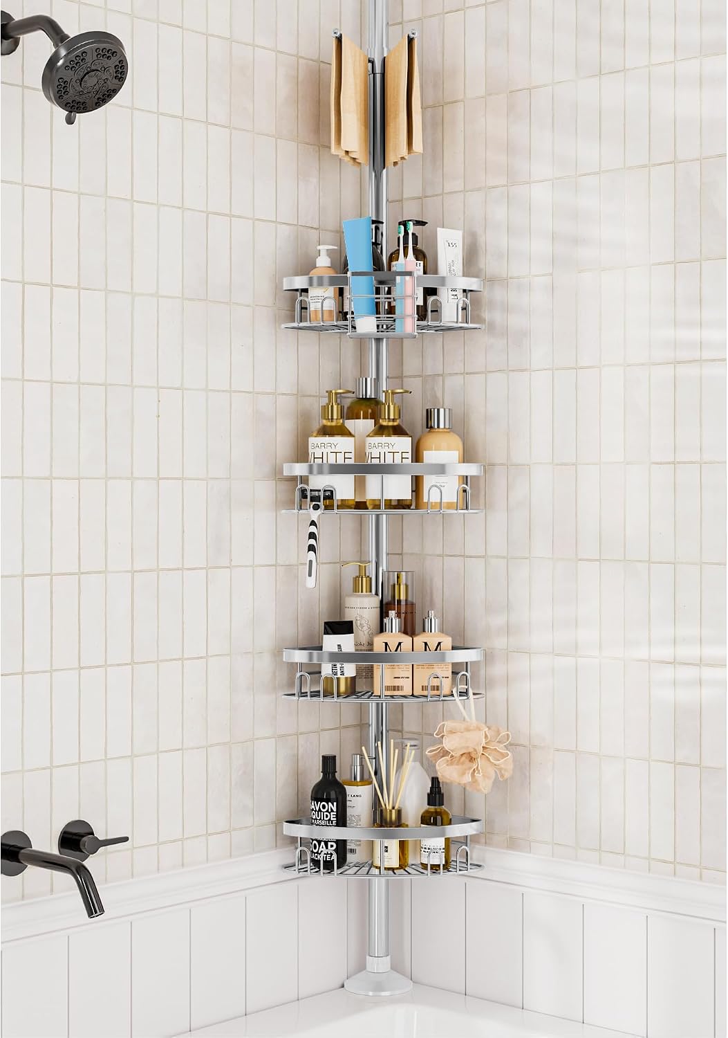 Rustproof Shower Corner Caddy Shelf for Bathroom Tension Pole Organizer with 4 Baskets for Bathtub Shampoo Storage from 23.6 to 114.5 Inch with Towel Bar (Silver)
