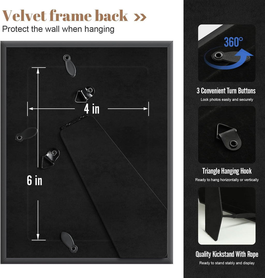 Black 4x6 Picture Frames, 4 Pack, Vintage Rustic Style, Gold Trim