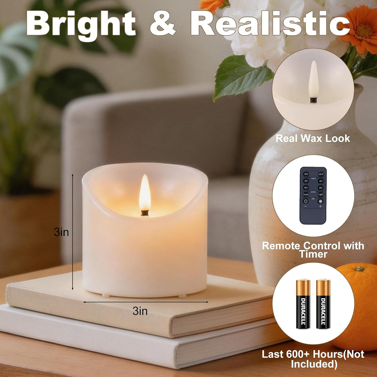 Flickering Flameless Candles, Real Wax Battery Operated Candles with Remote and Timer, 3"x 3" LED Fake Candles, Last 600+ Hours, Electric Battery Candles for Home Wedding Party Decor, 2 Pack