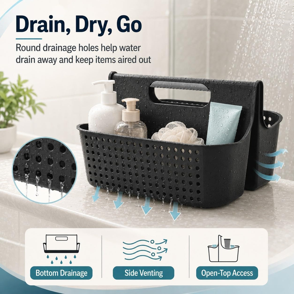 NINU Black Portable Shower Caddy Basket, 2-Compartment Storage Organizer