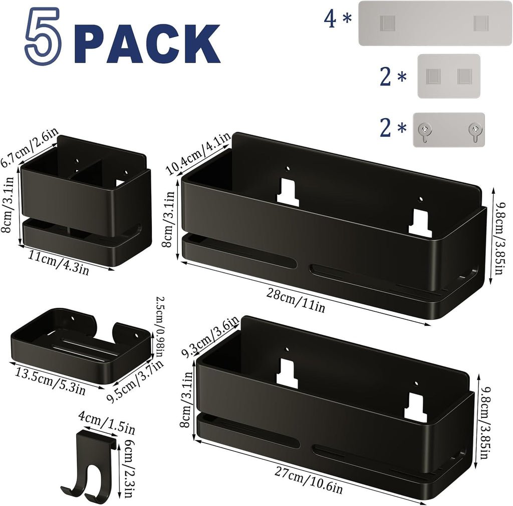 Bathroom Shower Caddy,No Drill Shower Shelves(5-piece Set-Black)