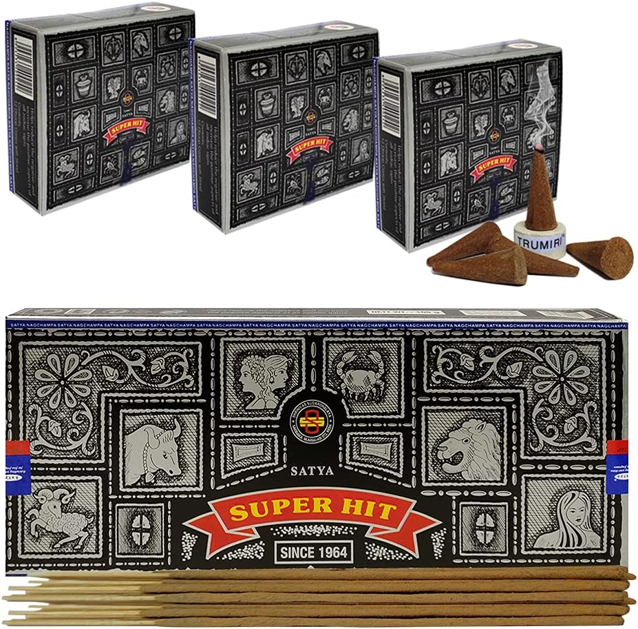 Super Hit Incense Sticks and Cones Variety Pack with Burner Holder Bundle from Satya Incense 100g Trumiri for Smudging and Aroma