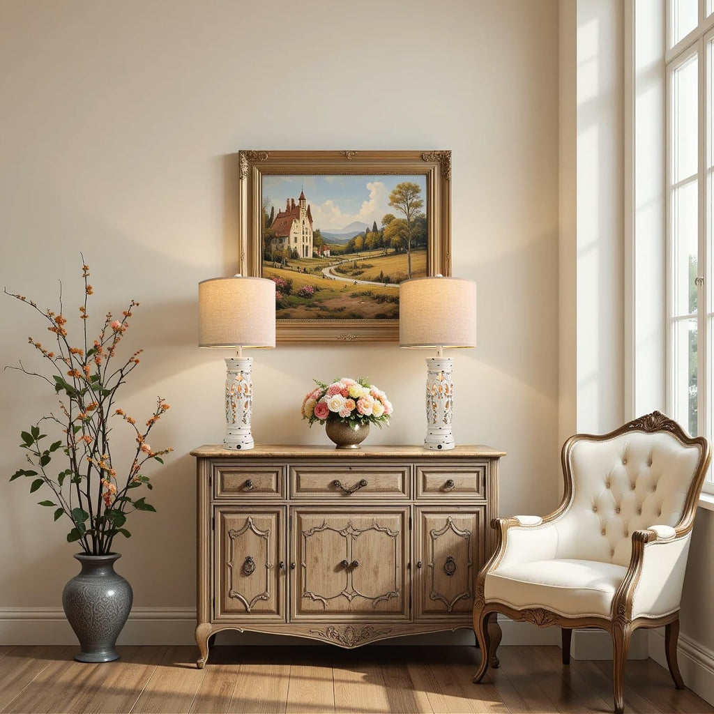 27.25" Farmhouse Lamp with Night Light, Rustic Table Lamps Set of 2, White