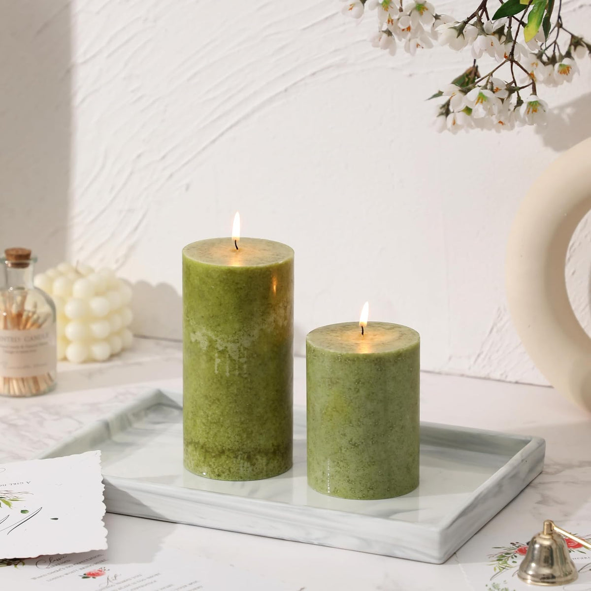 3x6 inch Green Pillar Candles Set of 3, Unscented Pillar Candle, Dripless and Smokeless Large Candles, Spring Candle for Home Decor, Dinner Table,Weddings, Holidays (Pack of 3)