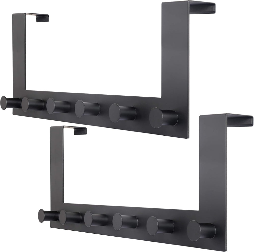 WEBI Over The Door Hooks,Over The Door Towel Rack with 6 Peg Hooks for Hanging,Over Door Hanger Coat Rack for Behind Back of Bathroom,Black,2 Packs