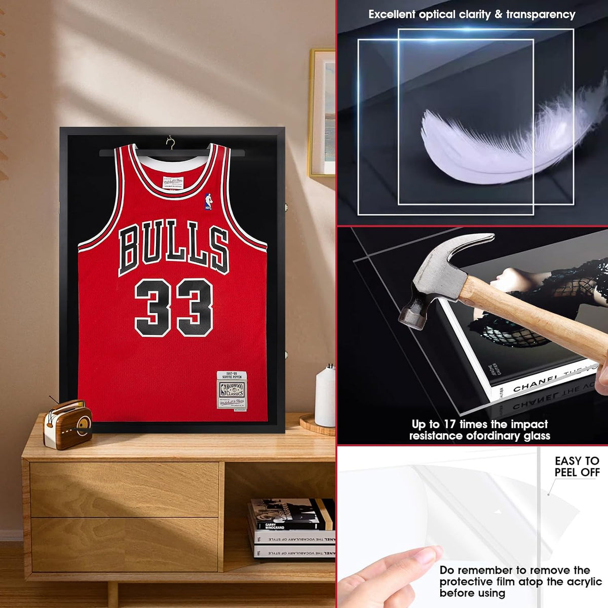 1DOT2 26x37 XL Large Jersey Frame Display Case with Pine Wood, Lockable