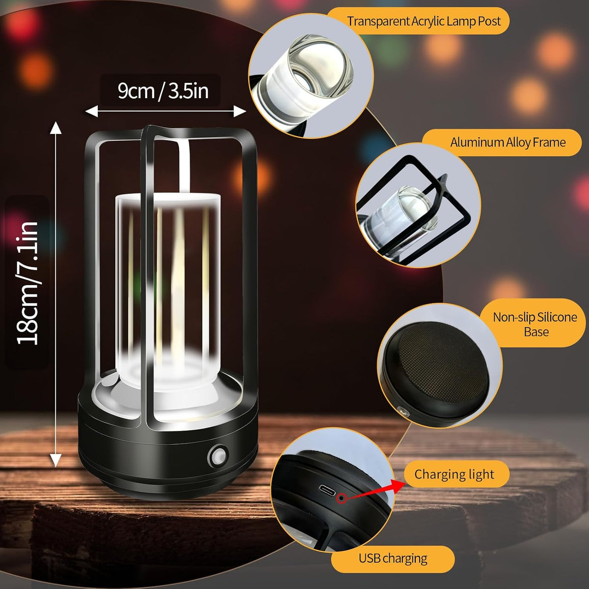 Cordless Table lamp, 4000mAh Battery Rechargeable Lamp (Black-2)