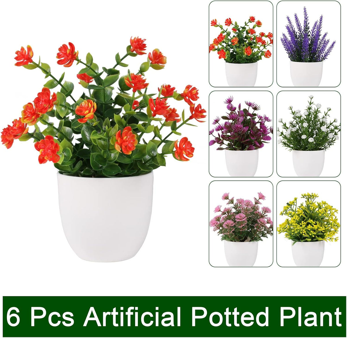 Yoratee 6 Pack Small Artificial Flower Potted Plants, Mini Faux Flowers in Pots Colorful Fake Plants for Indoor Bathroom Office Desk Tabletop Windowsill and House Shelf Decorations
