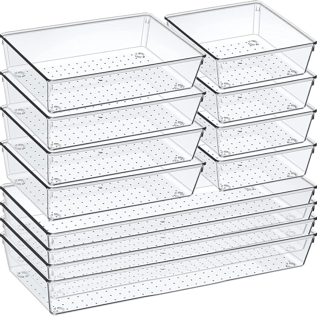 12 Pack Clear Plastic Drawer Organizer Set, Acrylic Non Slip Non Cracking Kitchen Drawer Storage Tray Large Size Divider, Multifunctional Storage for Cosmetics, Bathroom, Tools, Kitchen and Office