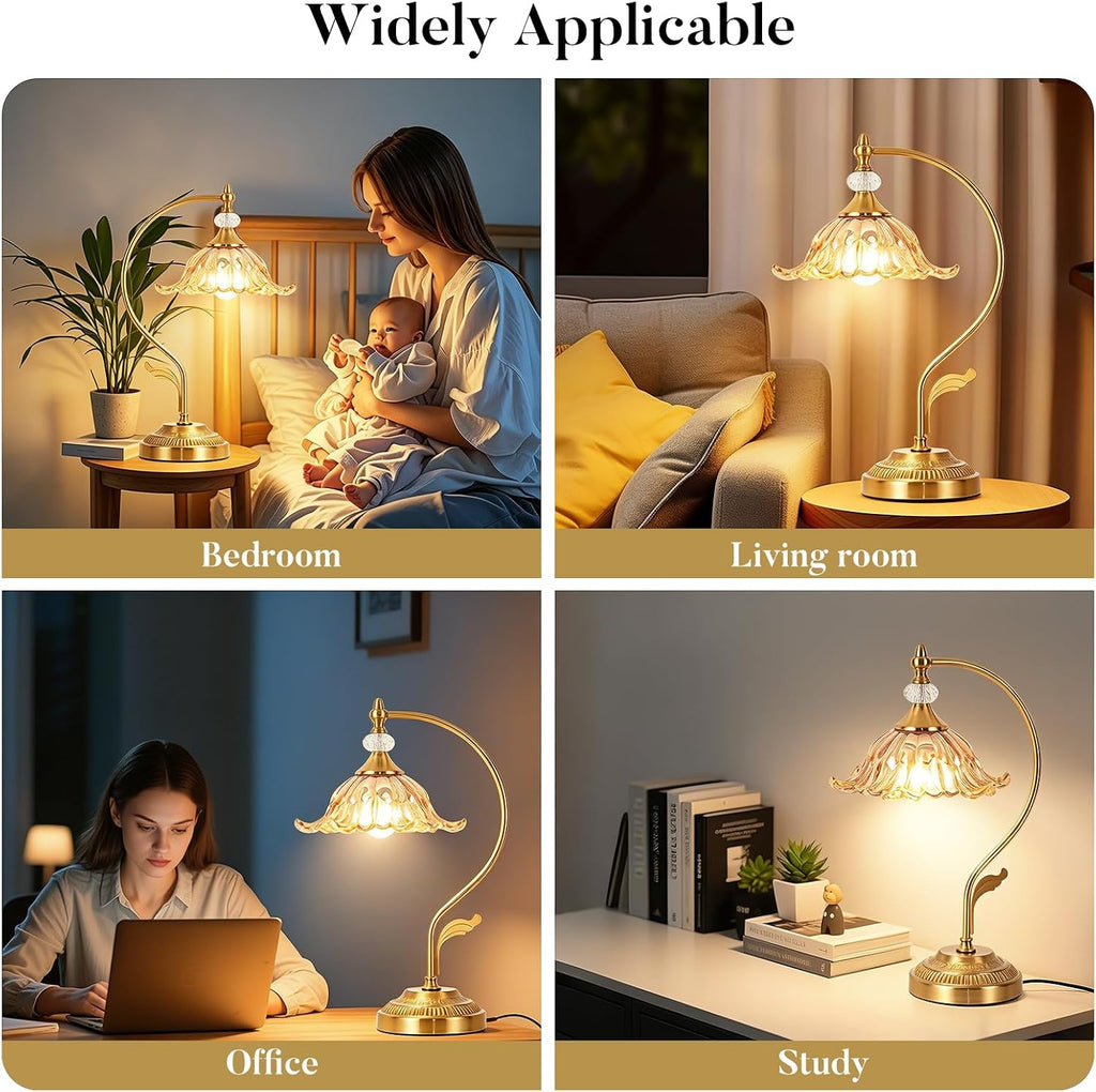 Vintage Floral Table Lamp, Plug in Mid-Century Modern Desk Lamp with Amber Glass Shade, Gold Bedside Table Lamp Dimmable for Bedroom Living Room Home Office, E26 Base, UL Listed
