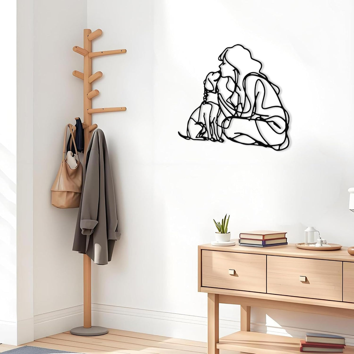 DICYWUDI Black Metal 15 * 11.8 inch Women And Dogs Wall Decor – Minimalist Wall Art for or Indoor Kitchen Bathroom Bedroom Living Room Dining Room