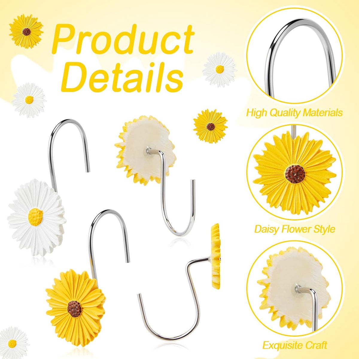 Yungyan 12 Pcs Daisy Flower Shower Curtain Hooks Sunflower Shower Curtain Rings 2 Colors Floral Decorative Hanger Hooks for Summer Wedding Living Room Bedroom Bathroom Restroom Decor
