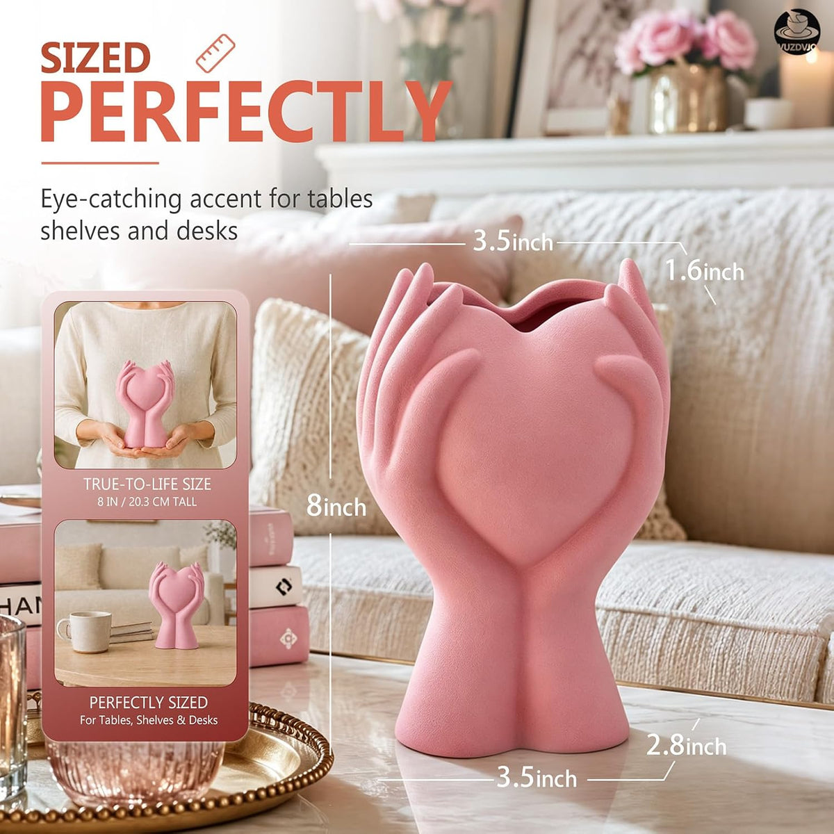 8 Inch Heart Hand White Ceramic Vase - Unique Modern Aesthetic Flowers Vase for Living Room Bedroom Office Kitchen Table Centerpiece or Shelf Decor - Gifts for Wedding Bridal Shower Women Mom (Pink)
