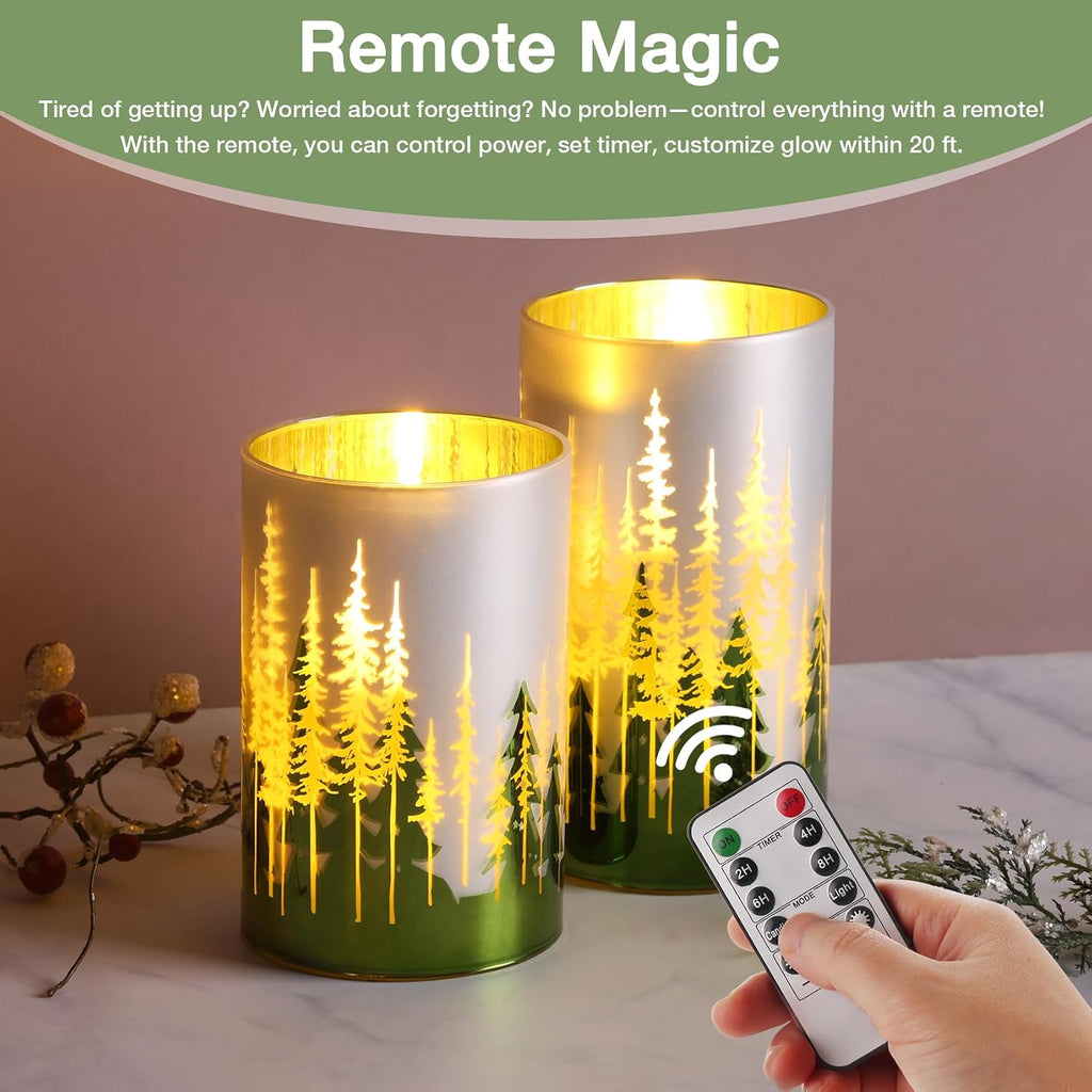 Eywamage Gold Green Christmas Tree Glass Flameless Candles with Remote