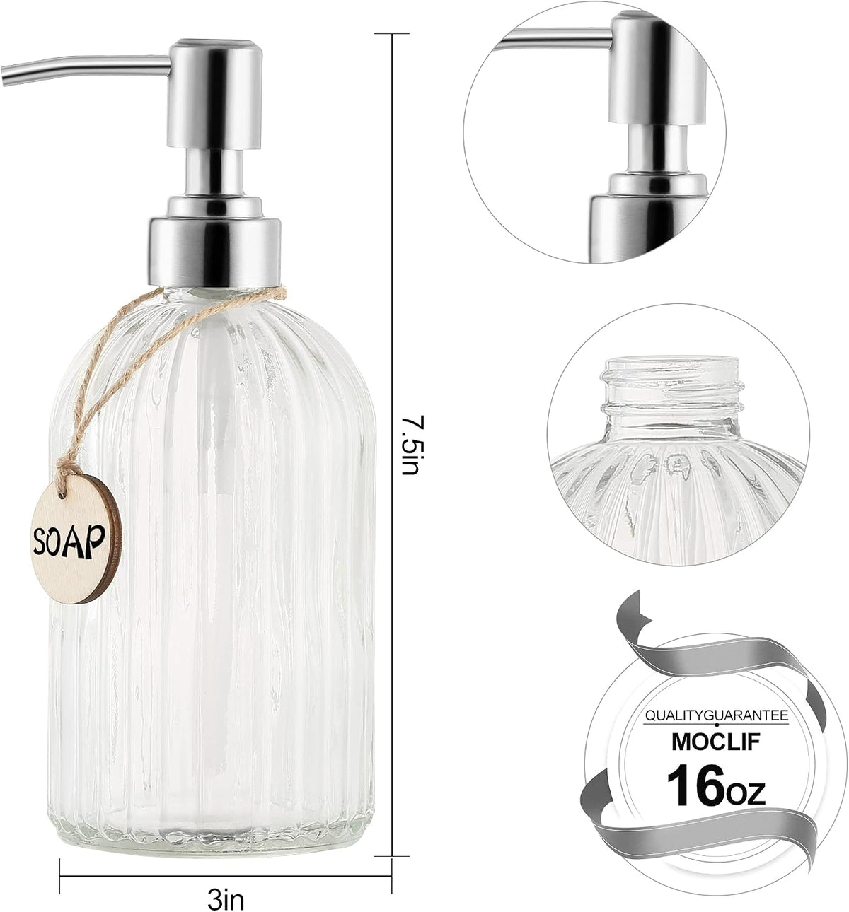 MOCLIF 16 OZ Soap Dispenser，Tempered Glass Clear Vertical Stripe with 304 Rust Proof Stainless Steel Pump Refillable Liquid Hand Soap Dispenser，for Bathroom, Kitchen, Dish Soap，Lotion (Clear)