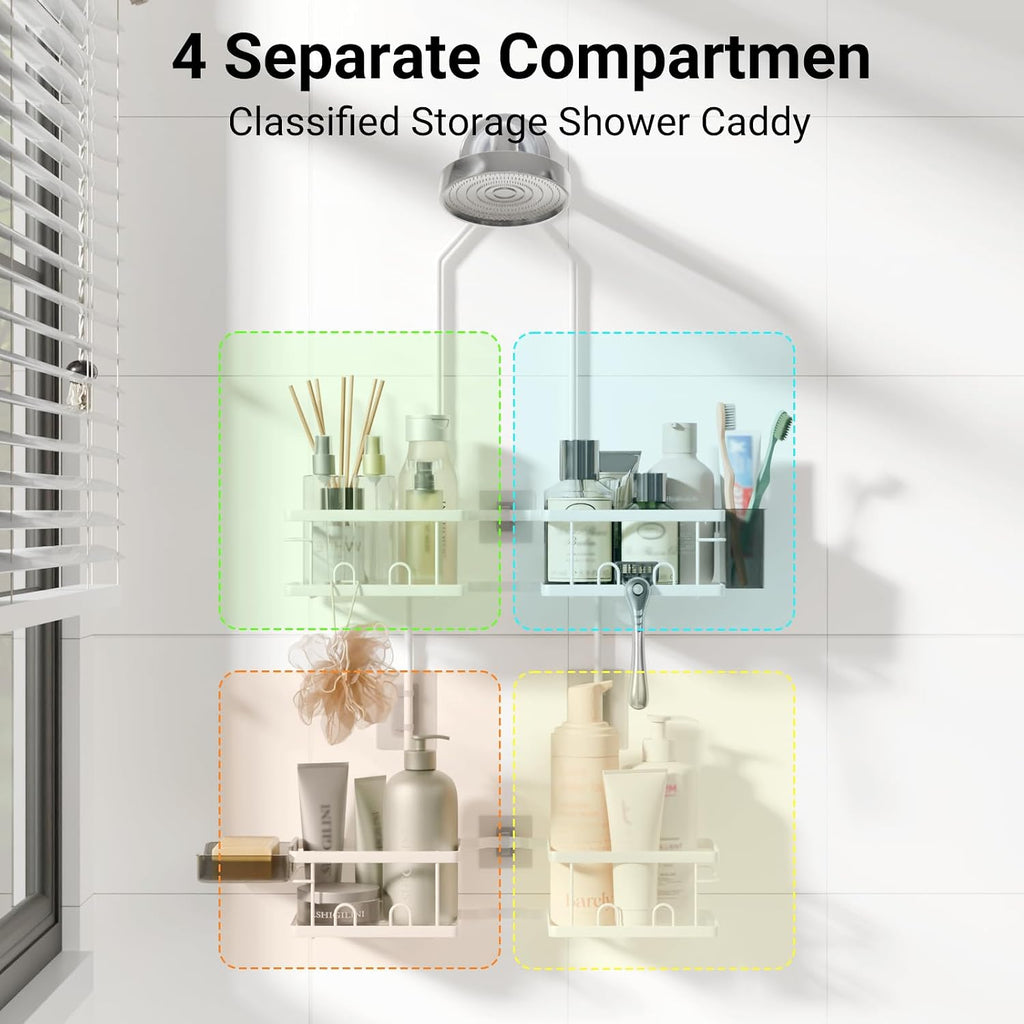 Adjustable Shower Caddy Hanging Rustproof Shower Caddy for Handheld Showerheads, Shower Organizer with Hooks Soap Holder, Anti-Swing Shower Rack Bathroom Accessories (White)
