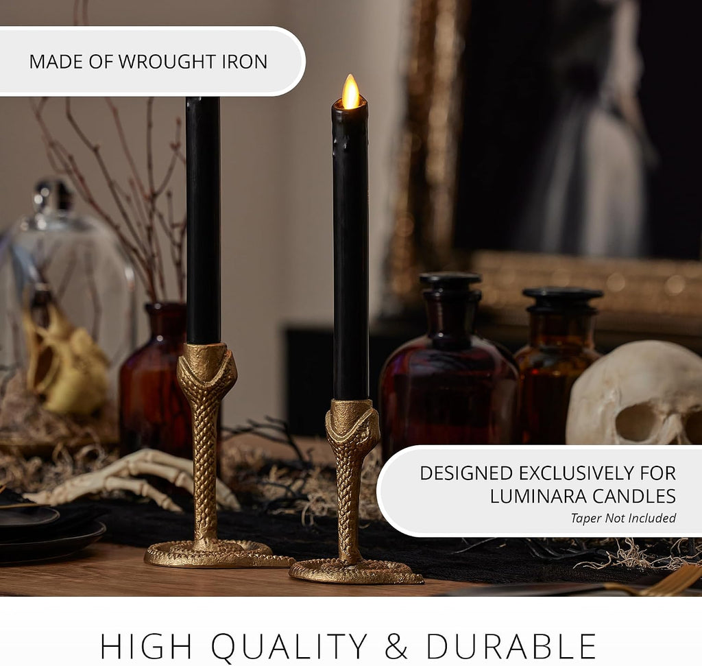Luminara - Taper Candle Holder Compatible with Luminara Flickering Moving Flame Battery Operated Taper Candles Décor & Gift - Wrought Iron Antique Design Snake, Vintage Brass, (4.75” x 6.25”)