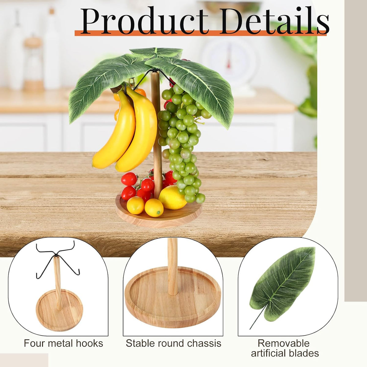 Chunful Banana Holder Banana Hanger Tree with 4 Metal Hooks Decorative Wooden Fruit Bowl Countertop Vegetable Storage Basket Stand, Vertical Storage Rack for Kitchen Dining Room