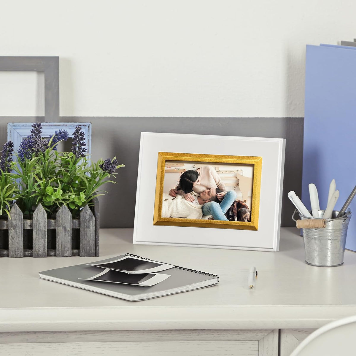 4x6 White Wood Picture Frame with Real Glass, Gold Inner Border, Vertical and Horizontal for Tabletop or Wall Hanging