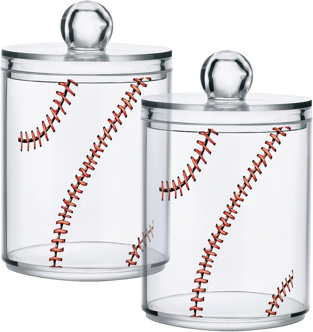 Gredecor 4 Pack Apothecary Jars Baseball Softball Red Lace Qtip Holder Organizer Clear Airtight Canister for Cotton Swabs Storage Acrylic Plastic Jar with Lids