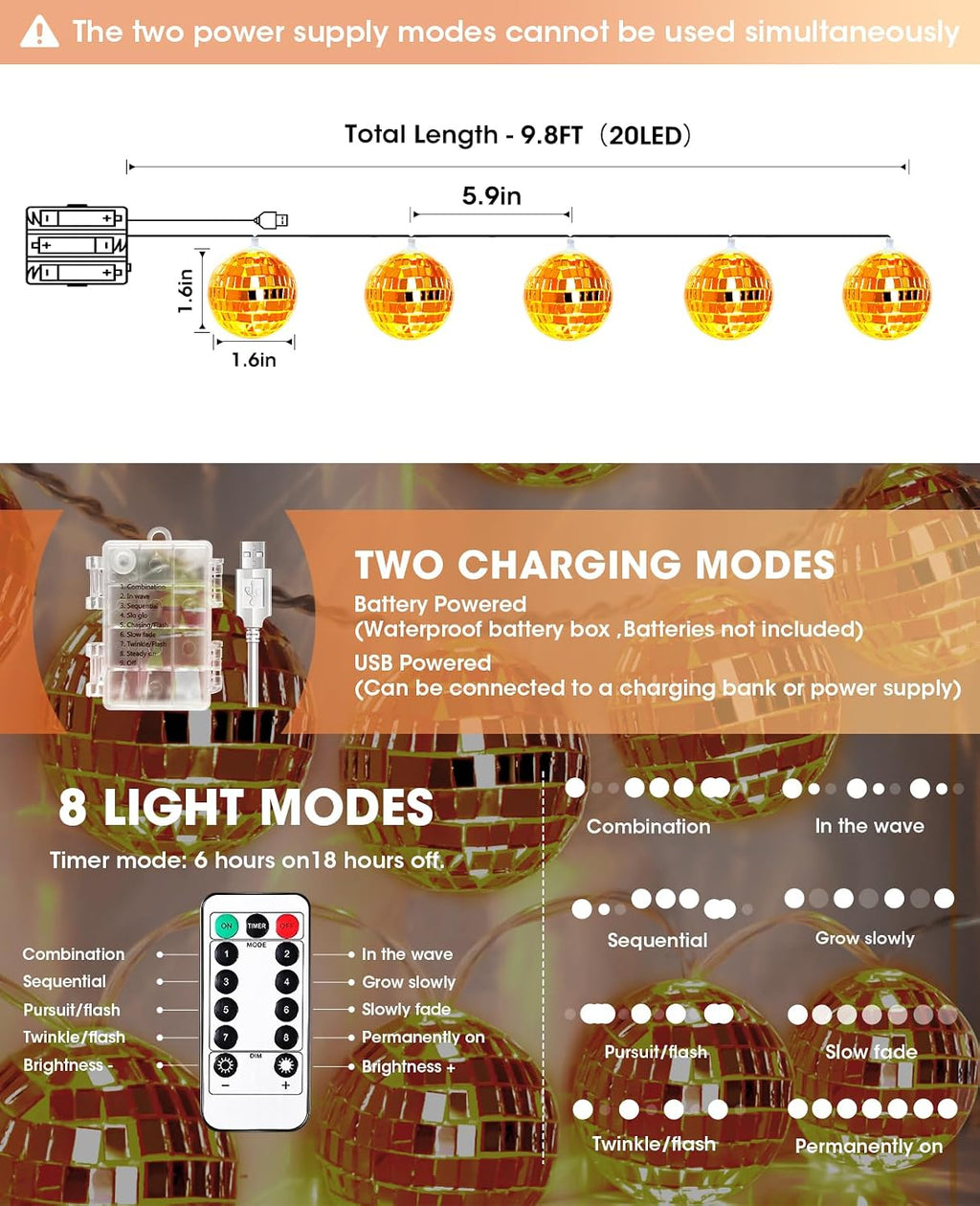 AceList Orange Disco Ball Decor 20 LED 9.8Ft String Light - Battery Powered and USB Plug, Fall Decor for 70's Party Decorations and Bachelor Birthday Parties, Mamma Mia