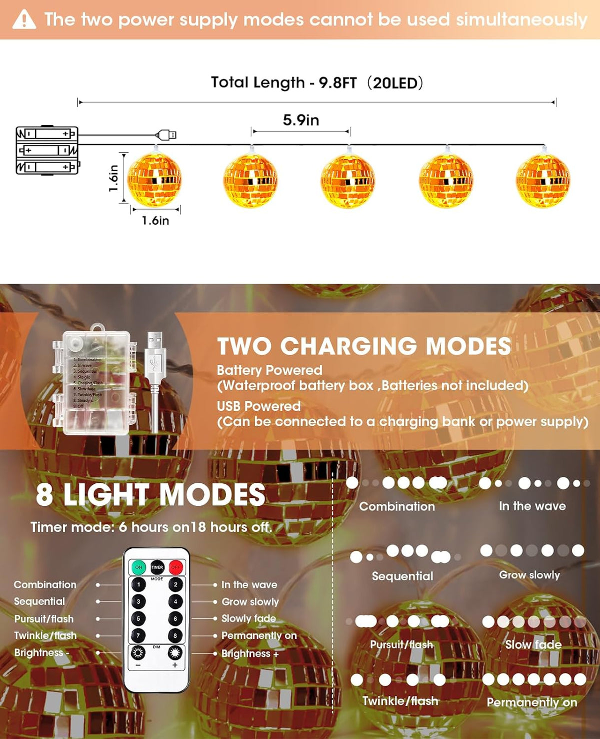 AceList Orange Disco Ball Decor 20 LED 9.8Ft String Light - Battery Powered and USB Plug, Fall Decor for 70's Party Decorations and Bachelor Birthday Parties, Mamma Mia