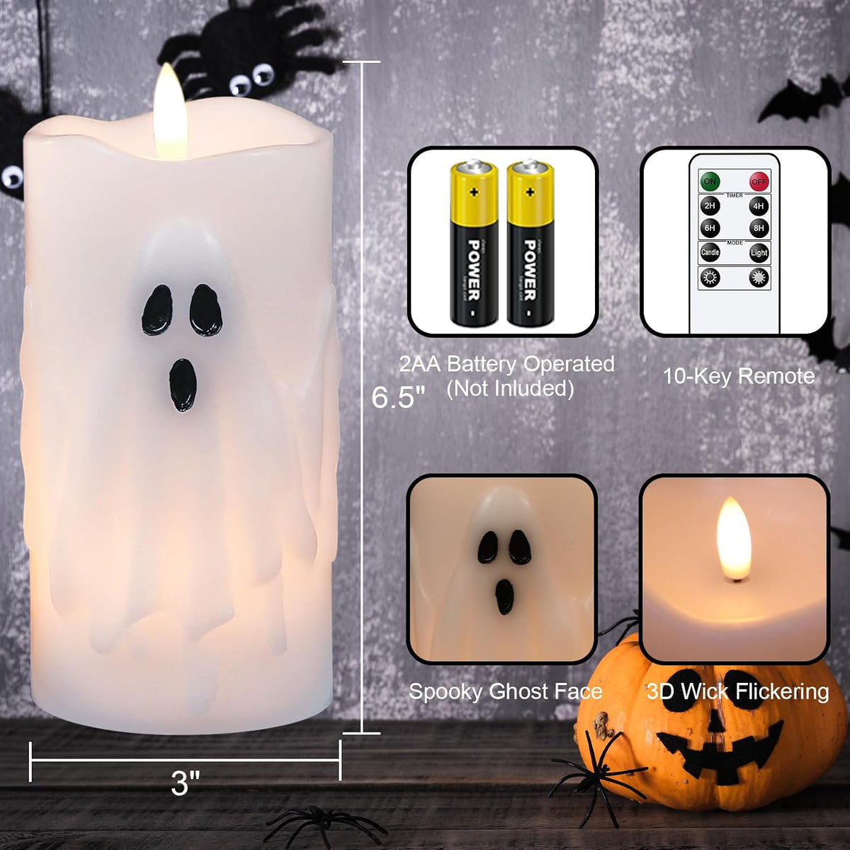 Eldnacele Halloween Ghost Flameless LED Pillar Candles with Remote Timer