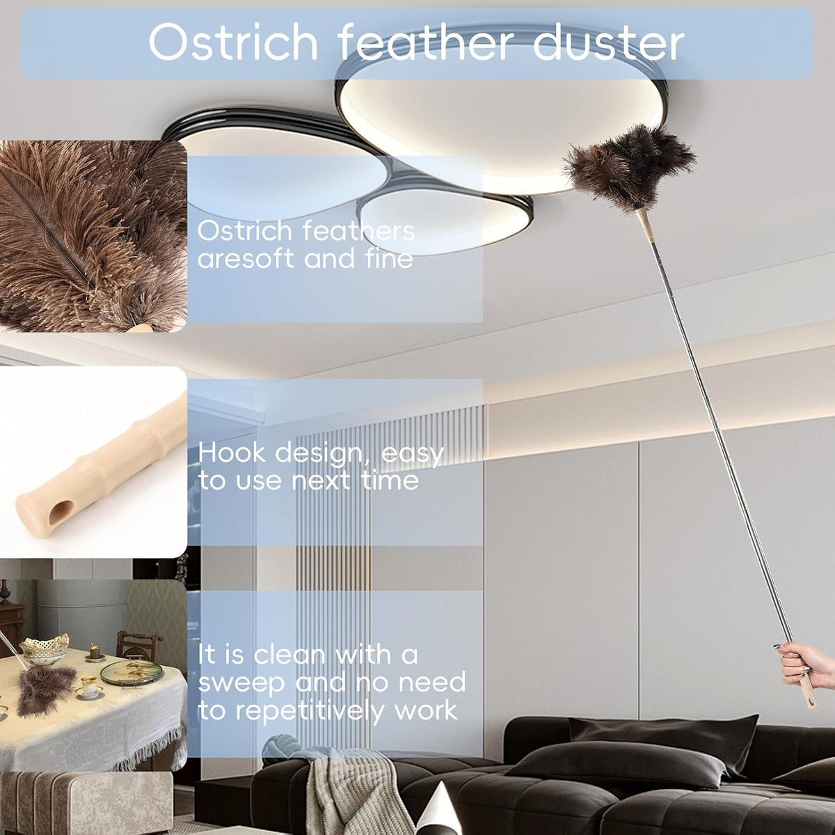 THARAHT Extendable Ostrich Feather Duster up to 27-94 inches Fluffy Feathers Long Handle Reusable for Cleaning Ceiling Fan Pendant lamp High Ceiling Blinds Furniture Feather Duster