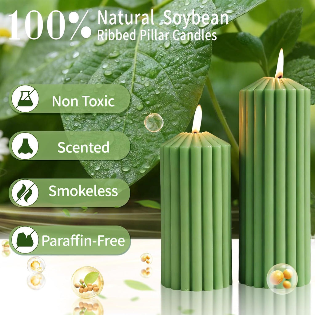 Ribbed Decorative Scented Pillar Candles, 3 Pack,2.8 x 4/6/8 Inch, Green