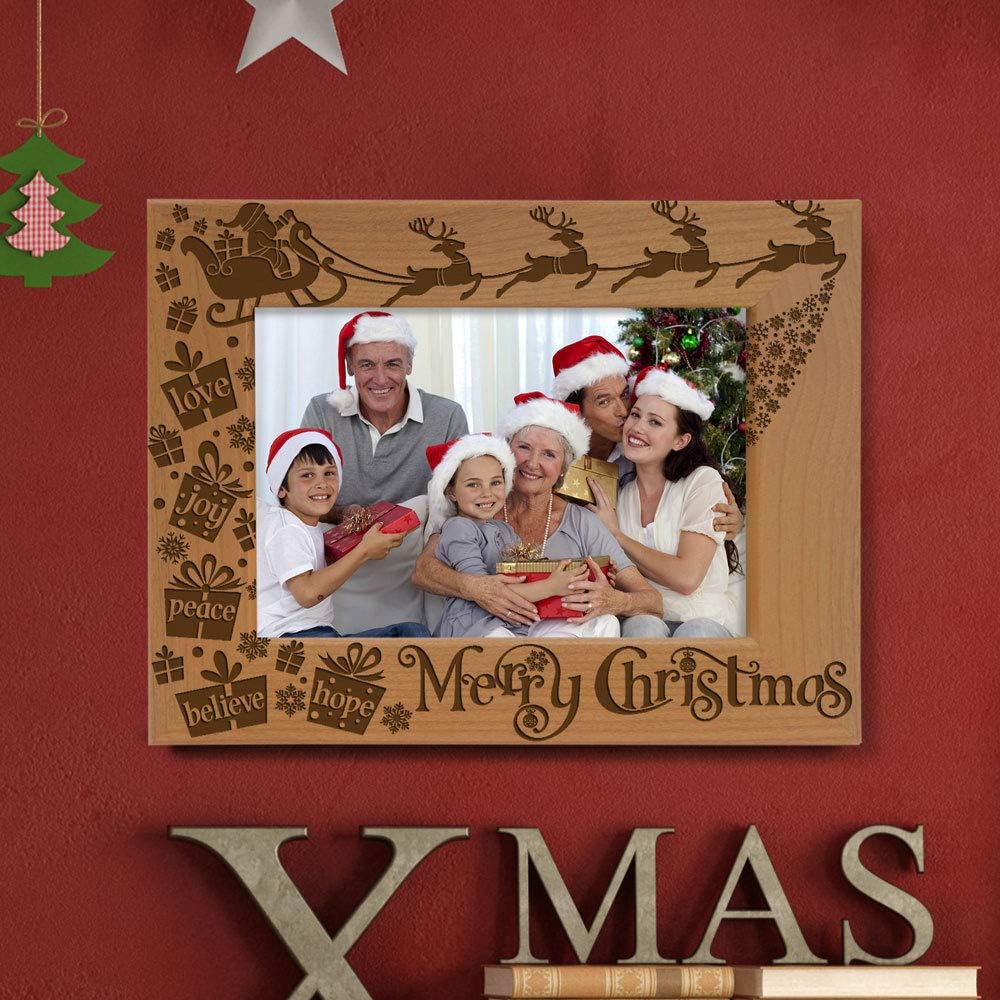 KATE POSH Merry Christmas Love Peace Joy Believe Hope, The Magic of Christmas Family Picture Frame. Santa, Reindeer and Sleigh Decor. Engraved Natural Wood Photo Frame (5x7-Horizontal)
