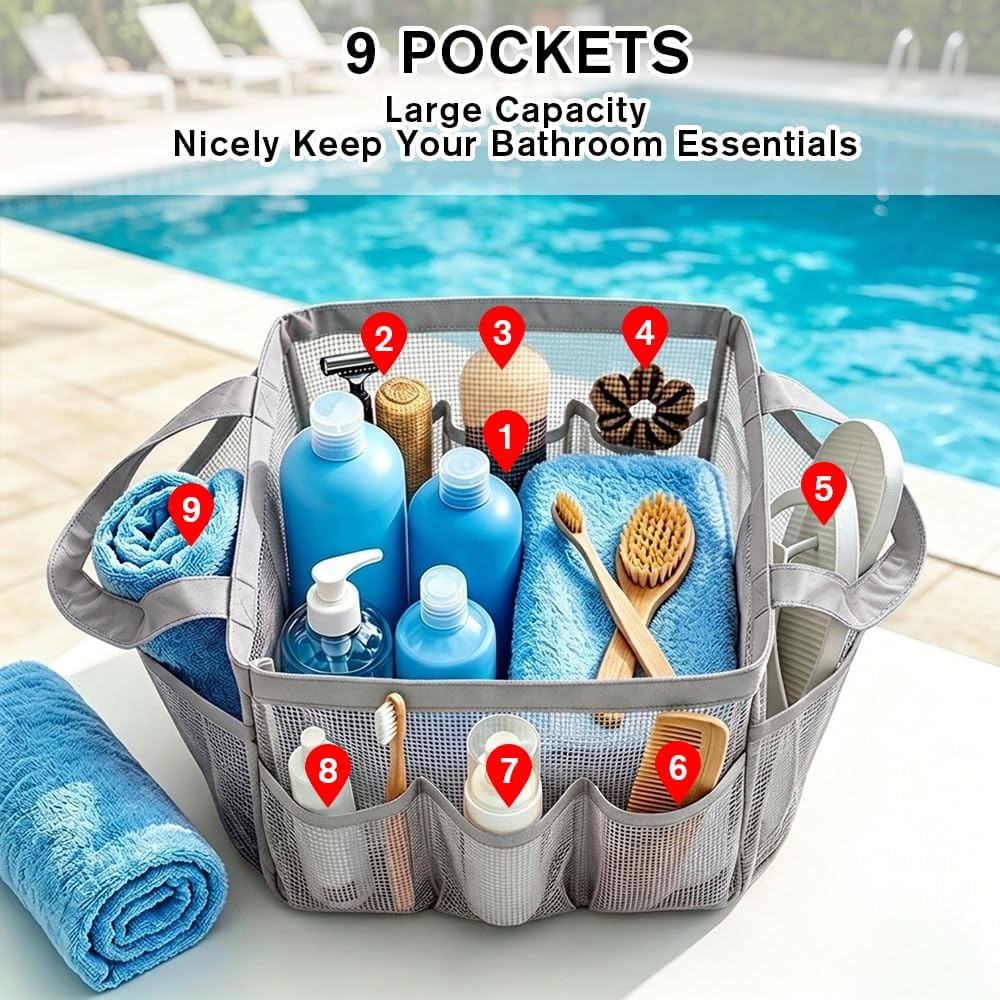 Mesh Shower Caddy Portable for College Dorm Room Essentials, Large Foldable Camp Travel Shower Bag with 9 Pockets, Quick Dry Bathroom Toiletry Tote Bag for Beach Swimming Gym Women Men (Grey)