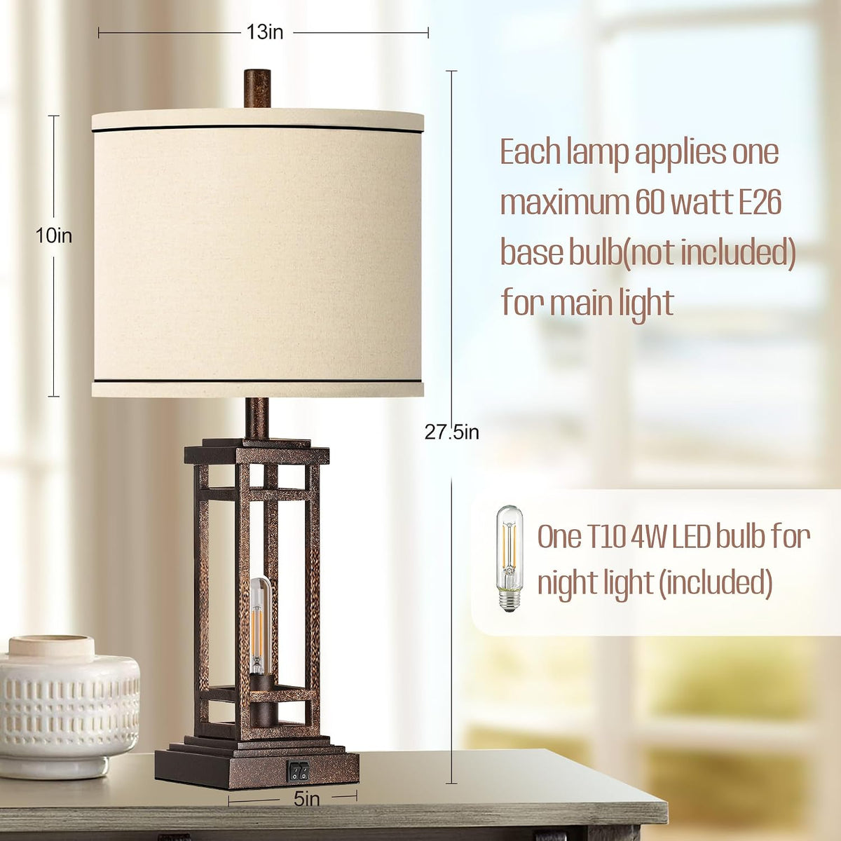 ROTTOGOON 27.5 Tall Farmhouse Table Lamps with USB C + USB A Charge Ports, Rustic Living Room Lamps Set of 2, Black Industrial End Table Lamp for Bedroom Living Room Nightstand (Bronze)