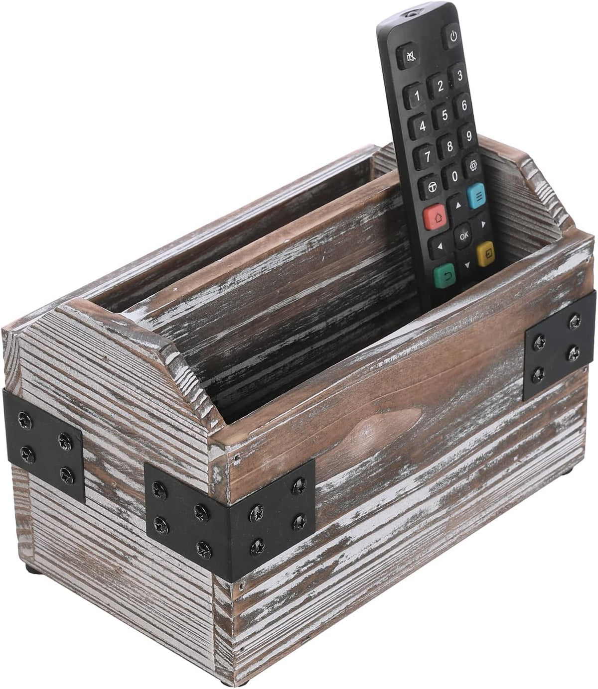 MyGift Remote Control Organizer Caddy, 2-Compartment Torched Wood & Metal