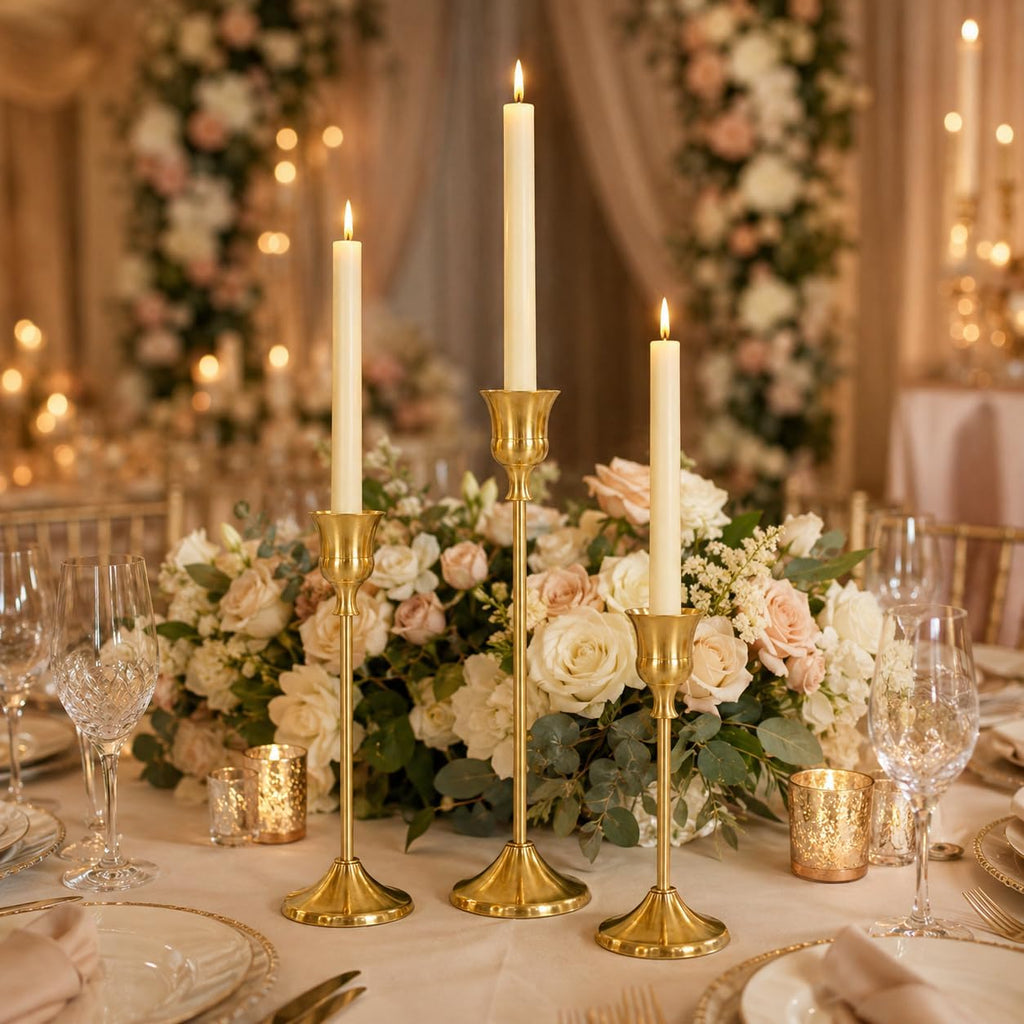 12Pcs Brass Gold Metal Taper Candle Holders, Candlestick Holders, Vintage Modern Decorative Centerpiece Candlestick Holders for Table Mantel Wedding Housewarming Gift