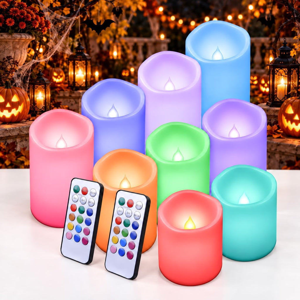 Enido Set of 9 Flameless Candles, Color Changing LED Candles(D: 3" x H: 4" 5" 6") Battery Operated Outdoor Waterproof Pillar Candles for Halloween and Christmas Decoration