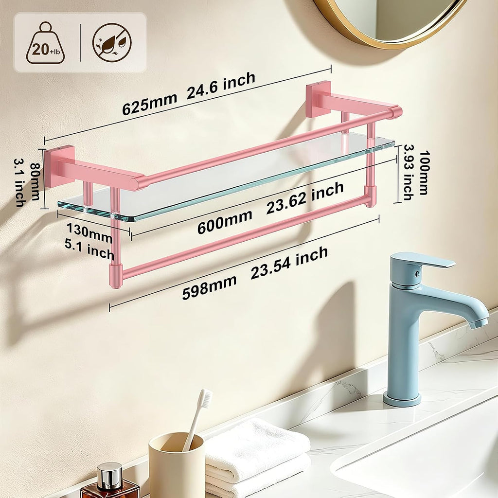 Bathroom Glass Shelf Towel Rack Shelf Glass Organizer Wall-Mounted Bathroom Storage SUS304 Stainless Steel Towel bar/Track Wall-Mounted Tempered Glass Stainless Steel Shelf (Pink, 24‘’ with Railing)