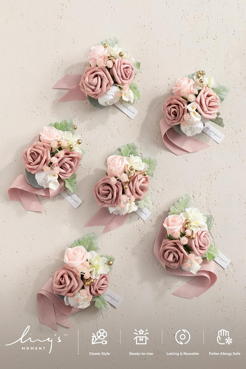 Ling's moment 6pcs Wedding Corsage Wristlet, Dusty Rose Pink