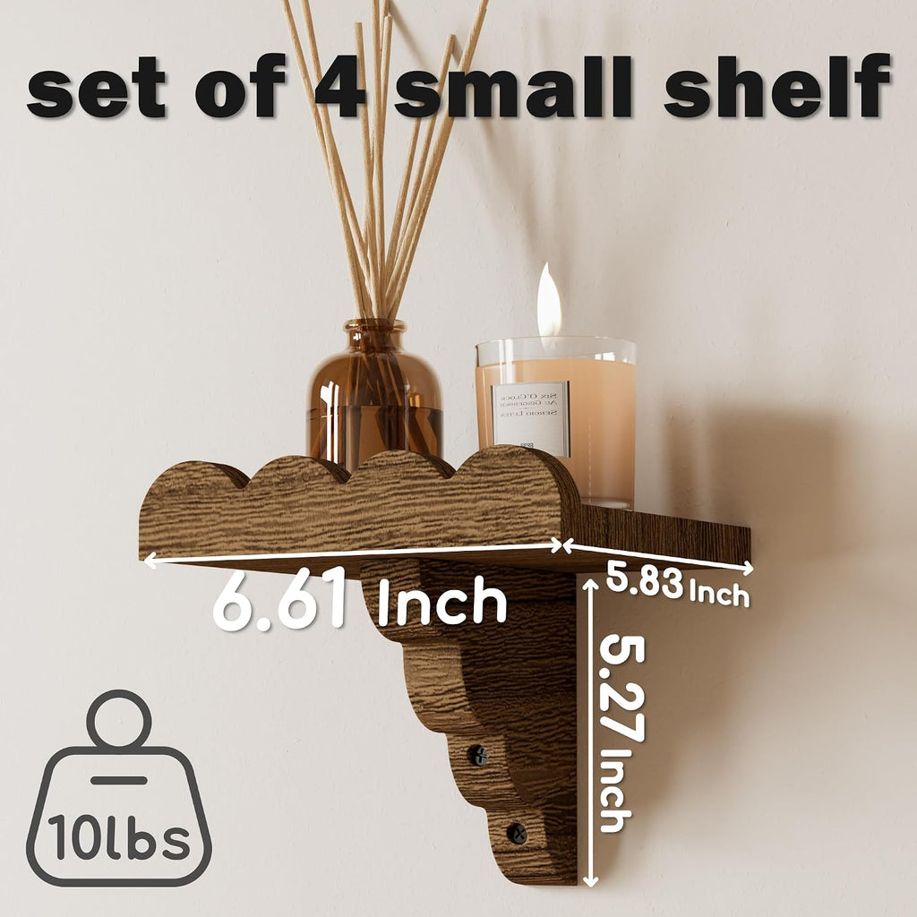 QsQueen Small Scalloped Floating Shelves for Wall, 4 Pack Small Wall Shelf, Solid Paulownia Wood Display Shelves with Matching Brackets for Plants, Bathroom, Bedroom, Living Room & Home Decor