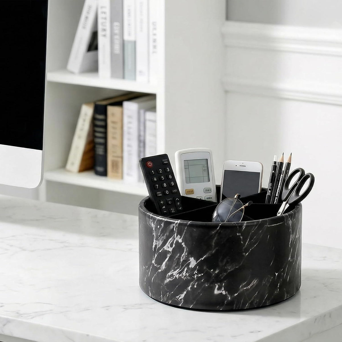 Remote Control Holder, 360°Spinning PU Leather Desk TV Remote Caddy,Desk Storage Box Room Accessories for Controller, Media,Mail,Calculator, Mobile Phone,Pencil(1-Big Marble Black)