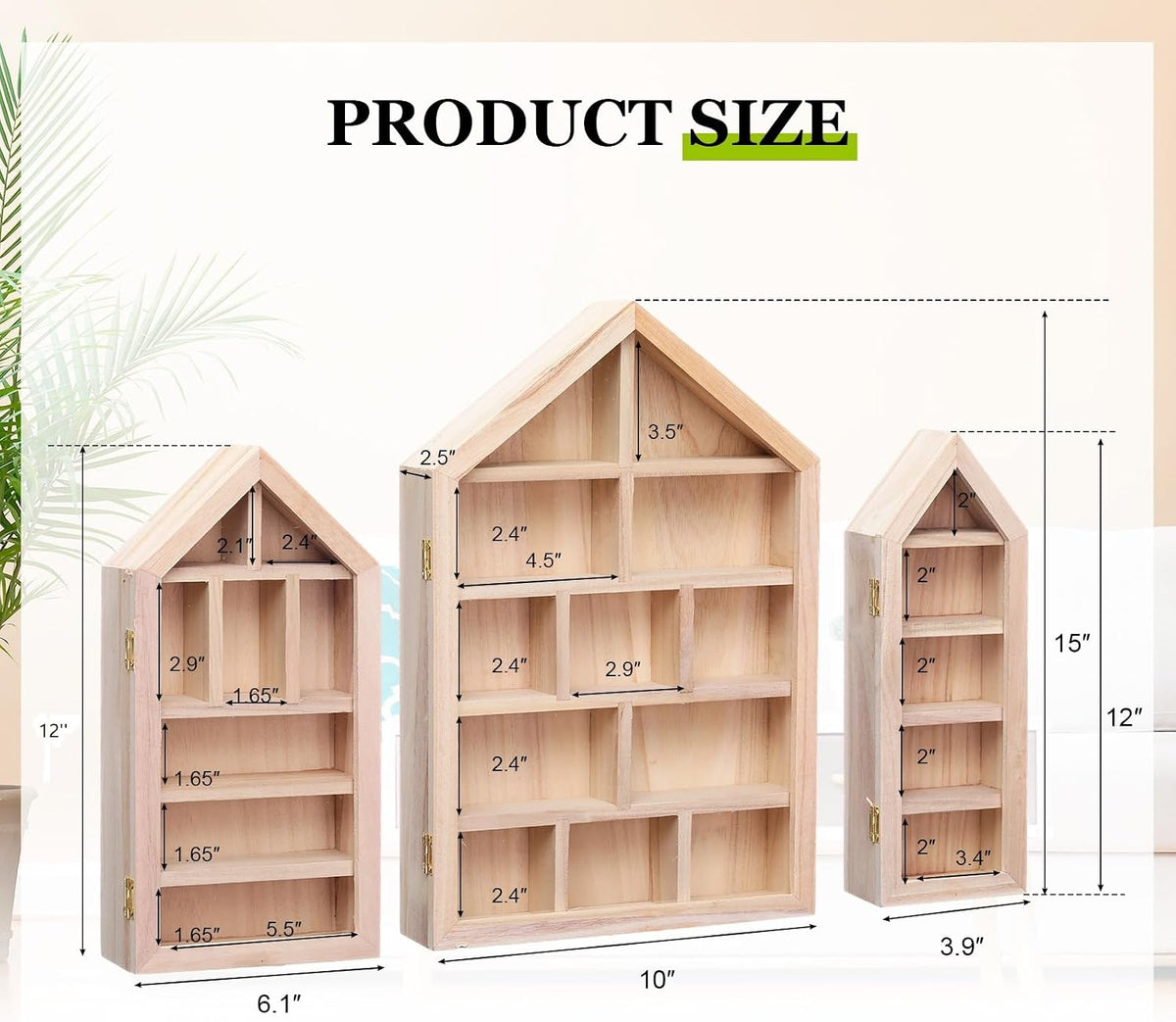 DoubleFill 3 Pcs Trinket Shelf Shadow Box, Wood Color, House Shape