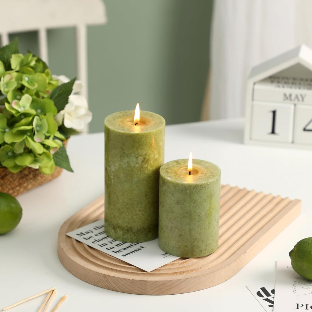 3x6 inch Green Pillar Candles Set of 3, Unscented Pillar Candle, Dripless and Smokeless Large Candles, Spring Candle for Home Decor, Dinner Table,Weddings, Holidays (Pack of 3)