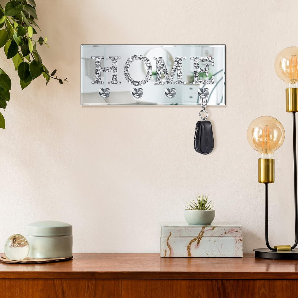 Yalikop Mirrored Key Holder Wall Decor with Heart Hooks, Silver