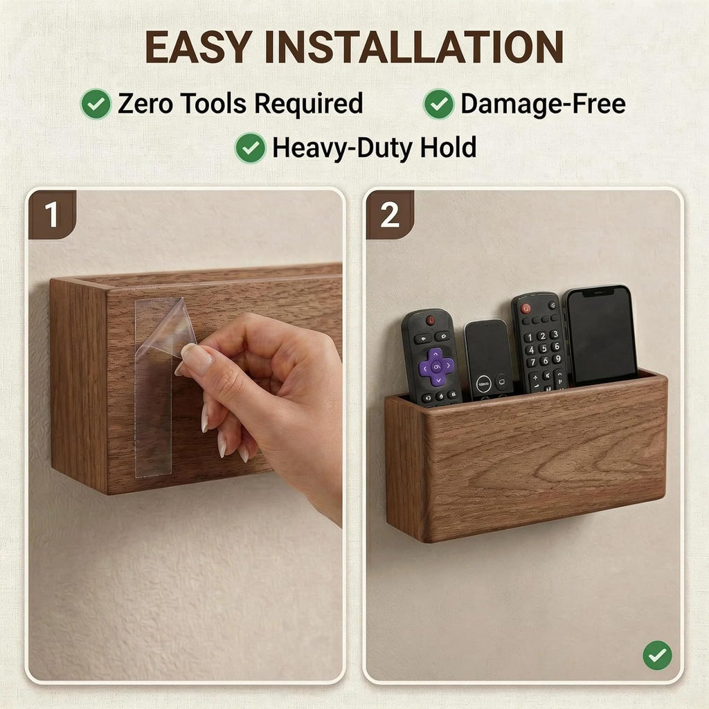 Remote Control Holder Wall Mount, Walnut Wood Remote Caddy, No-Drill, Brown