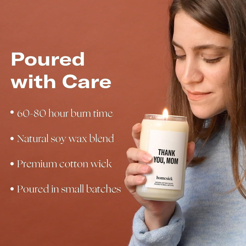 Homesick Thank You Mom Candle – 13.75 oz Scented Candle in Sage Sandalwood Soy Wax Blend, Non-Toxic, 80 Hr Burn with Organic Cotton Wick, Reusable Jar – Best Wedding & Engagement Gifts for Couples